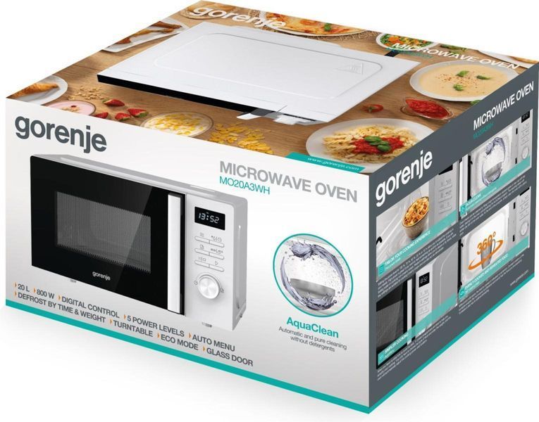 Мікрохвильова піч Gorenje, 20л, електр. керув., 800Вт, дисплей, білий MO20A3WH фото