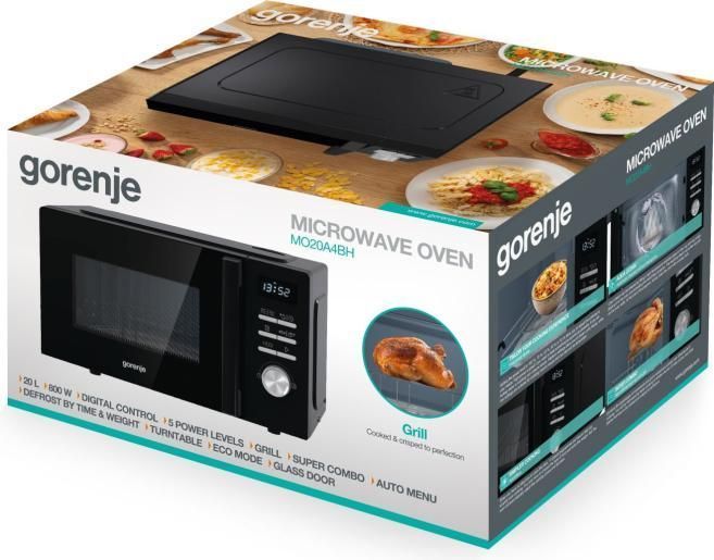 Мікрохвильова піч Gorenje, 20л, електр. керув., 800Вт, гриль, дисплей, 11 програм, чорний MO20A4BH фото